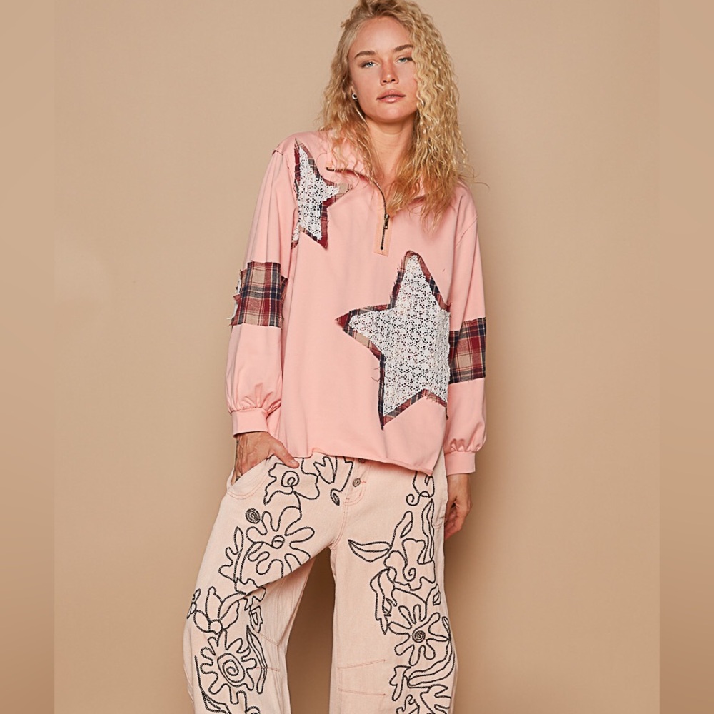 POL STAR top patchwork long sleeve pullover pink - Picture 2 of 3